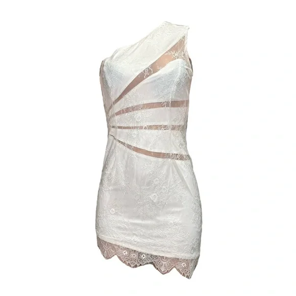 x revolve one shoulder lace mini dress MICHAEL COSTELLO x REVOLVE Rochelle One Shoulder Lace Mini Dress, Ivory,  Small